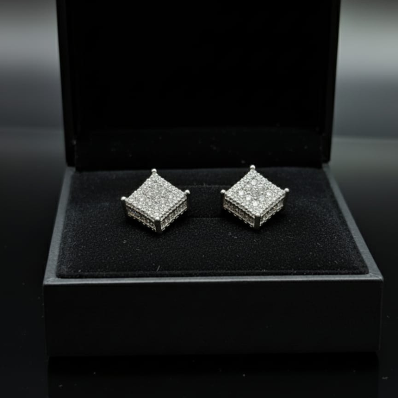 A03 Royal Square Crystal Studs (Silver) With Box