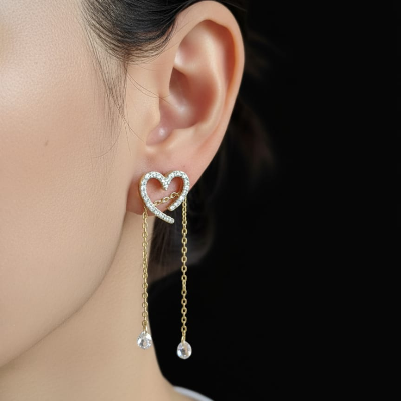 A04 Golden Heart Dangle Earrings With Box - Image 2