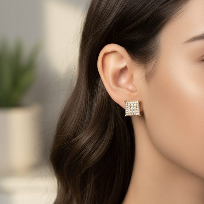 A03 Royal Square Crystal Studs (Golden) With Box - Image 2